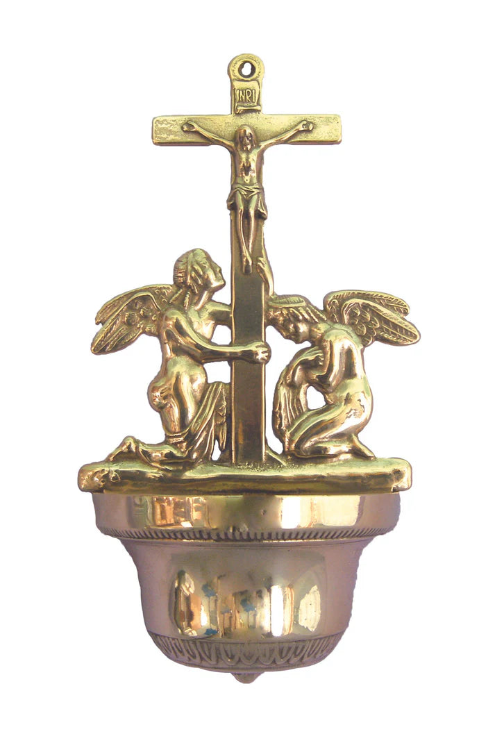 B-313-L Crucifixion holy water font with angels in shiny bras