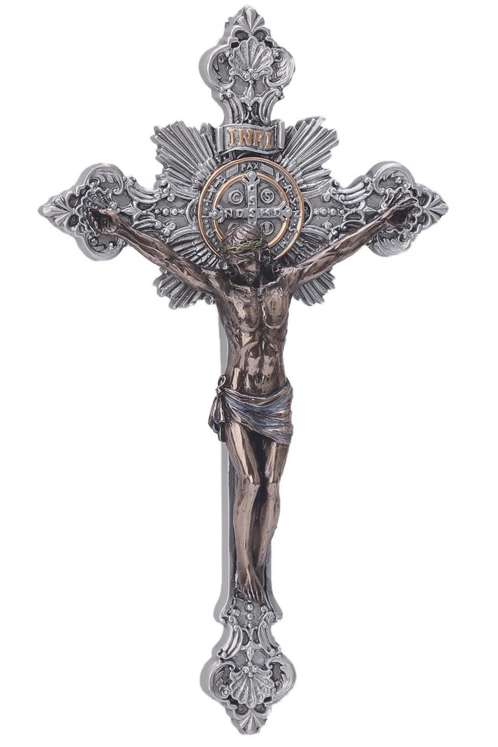 SR-76590-PB St. Benedict Crucifix with cold cast bronze Corpus on pewter style cross