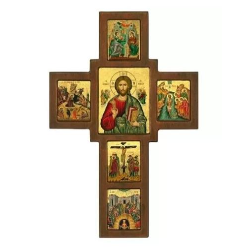 Icon - E34x23-302 - Jesus Christ Pantocrator Cross Icon Scenes of His Life Engraved Natural Wood