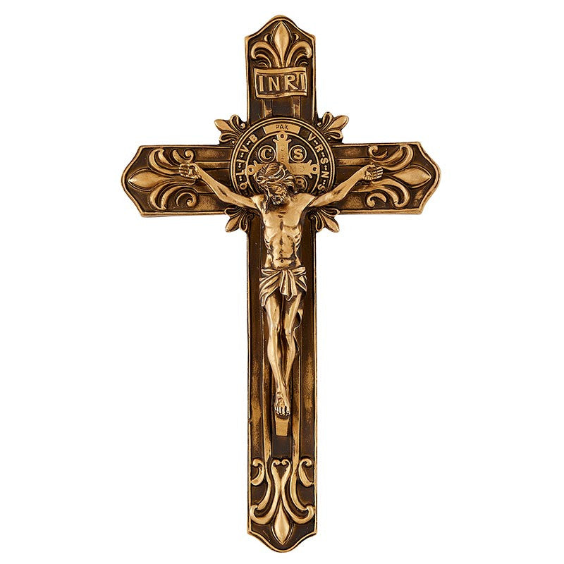 N5008 - 9" Saint Benedict Antique Gold Fleur de Lis Wall Crucifix