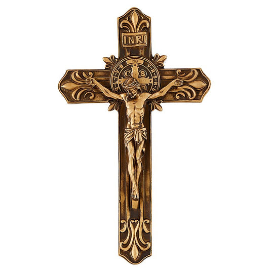 N5008 - 9" Saint Benedict Antique Gold Fleur de Lis Wall Crucifix