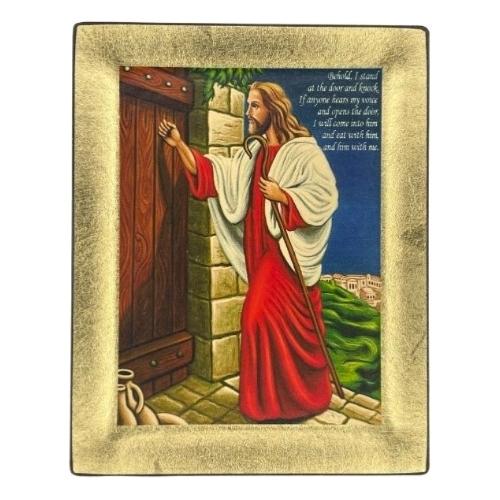 Icon - S19x15-810 - Jesus Christ Knocking Silk Screen Icon -  Gold & Engraved Wood