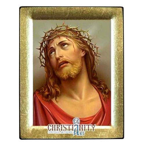 Icon - S29x23-370 -Jesus Christ Crown of Thorns Silk Screen Icon – Gold & Engraved Wood