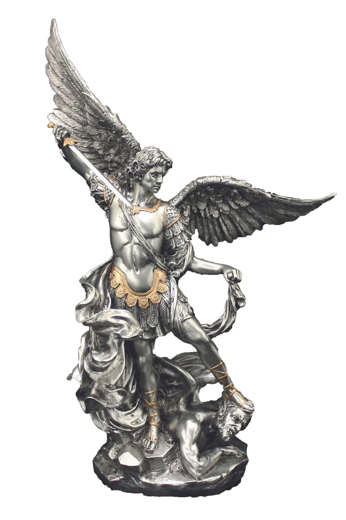 SR-74997-PE  St. Michael in pewter style with gold highlights