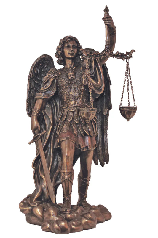 SR-75978 -PE St. Michael Scales of Justice in lightly hand-painted cold cast bronze