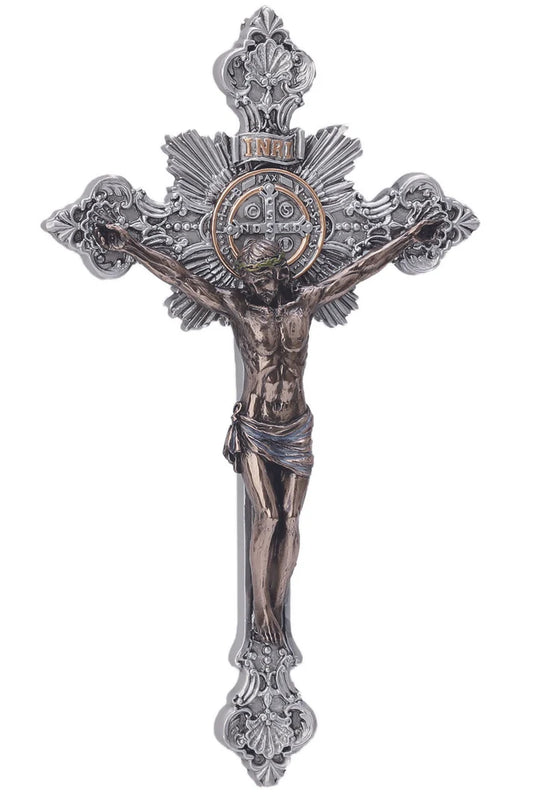 SR-76590-PB  St. Benedict Crucifix with cold cast bronze Corpus on pewter style cross