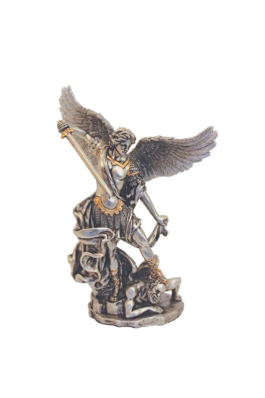 (SR-78130-PE) St. Michael in hand-painted pewter style finish with gold trim